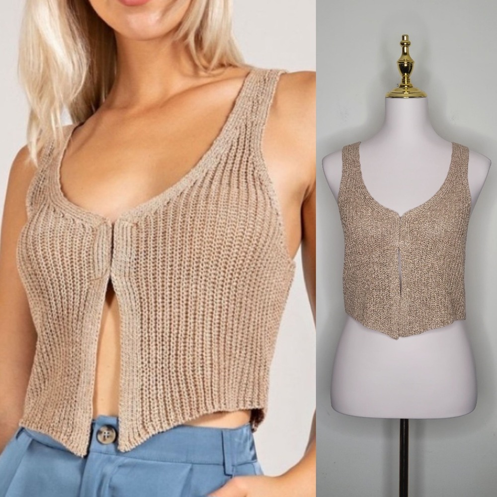 Edit By Nine Sz M Tan Knit Top Light Natural Minimal Boho Coastal Vacation NWOT